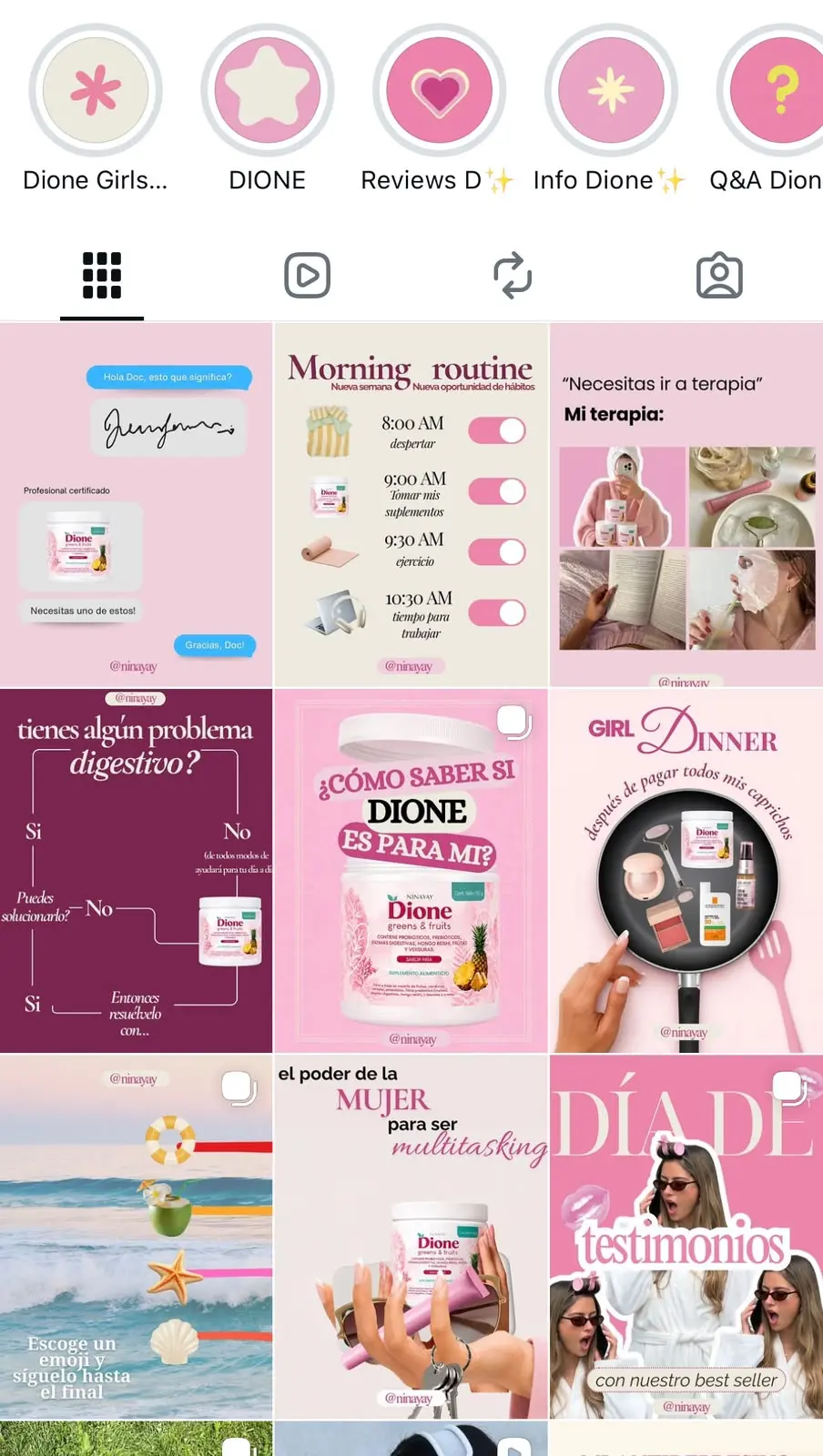 Feed reciente de Ninayay y diseño de highlights