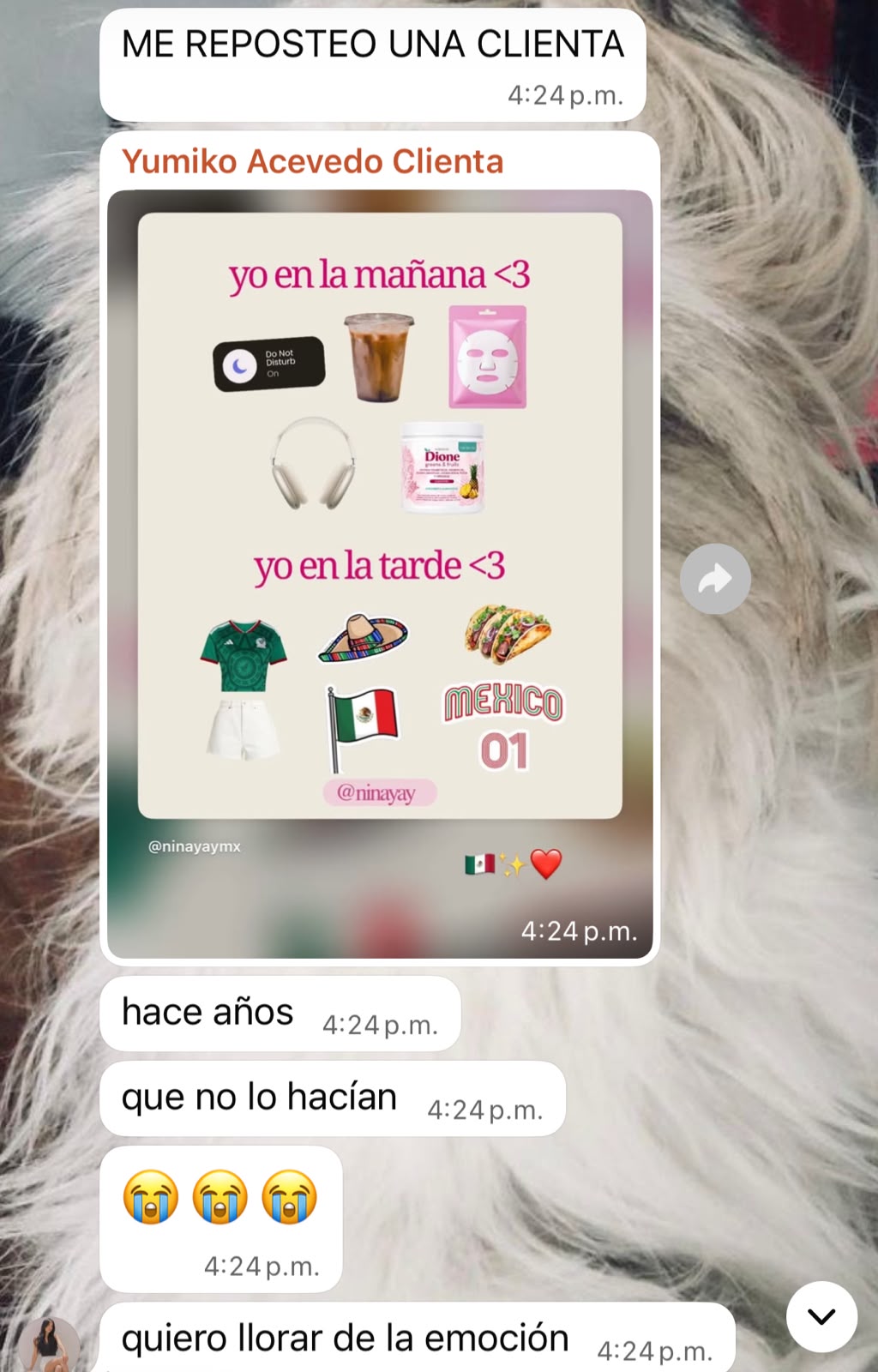 Mensaje sobre una clienta que compartió un diseño